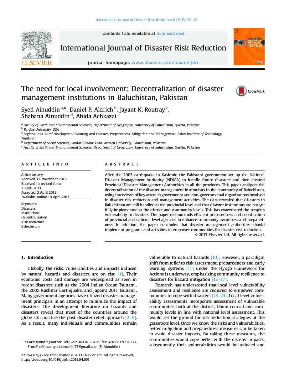 The need for local involvement: Decentralization of disaster management institutions in Baluchistan, Pakistan