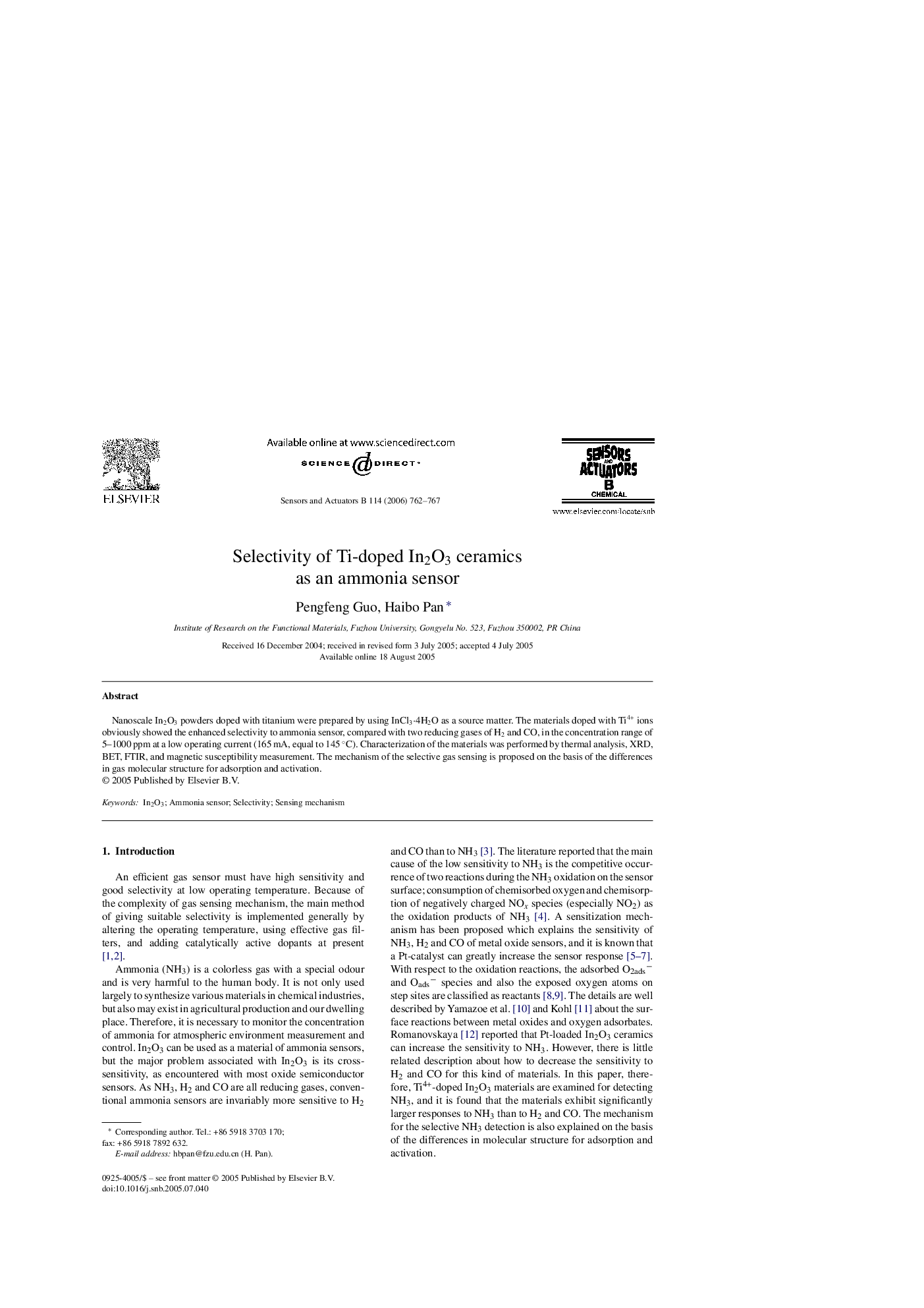 Selectivity of Ti-doped In2O3 ceramics as an ammonia sensor