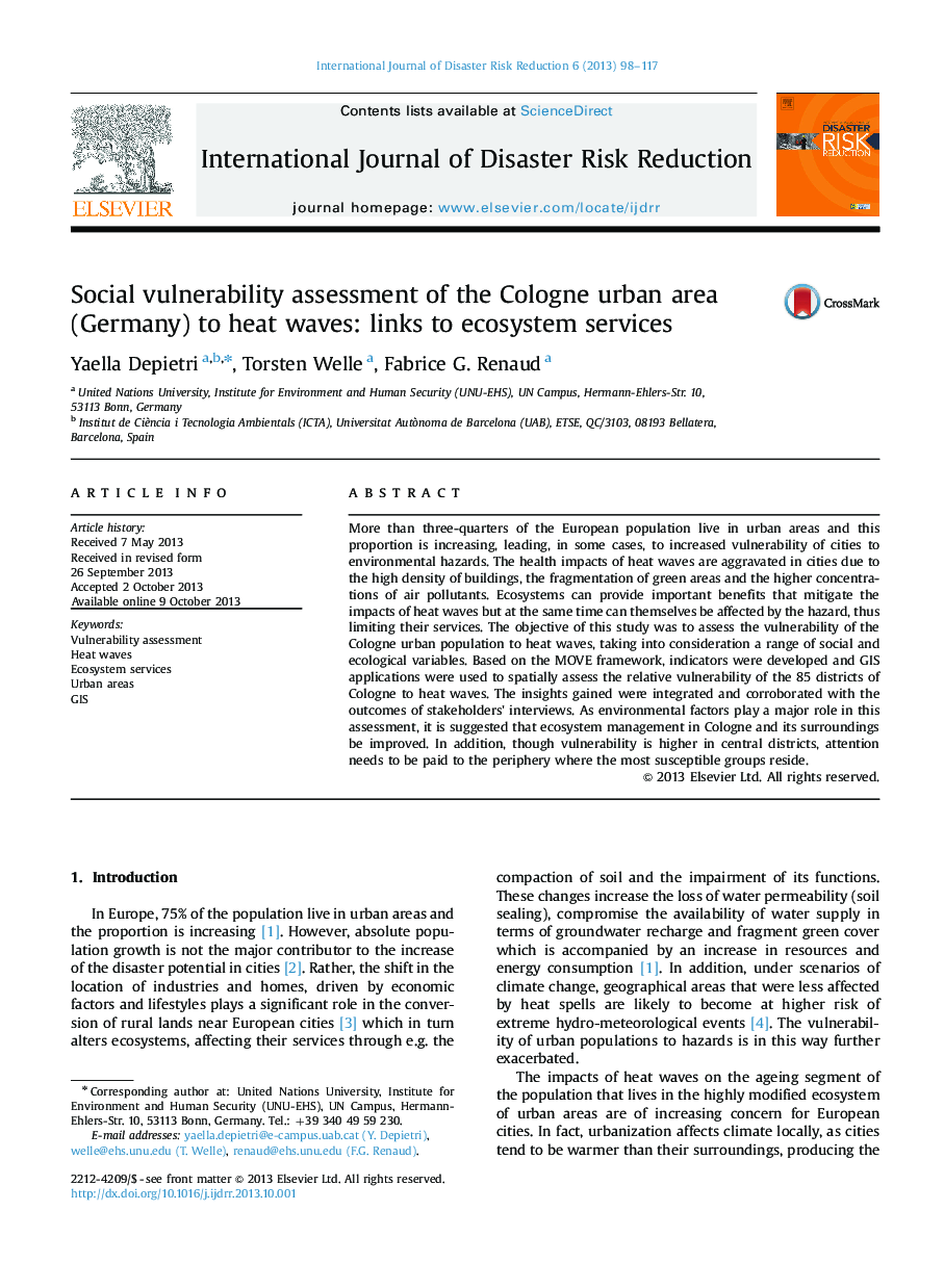 Social vulnerability assessment of the Cologne urban area (Germany) to heat waves: links to ecosystem services