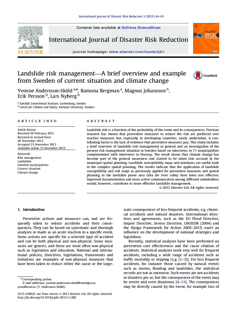 Landslide risk management-A brief overview and example from Sweden of current situation and climate change