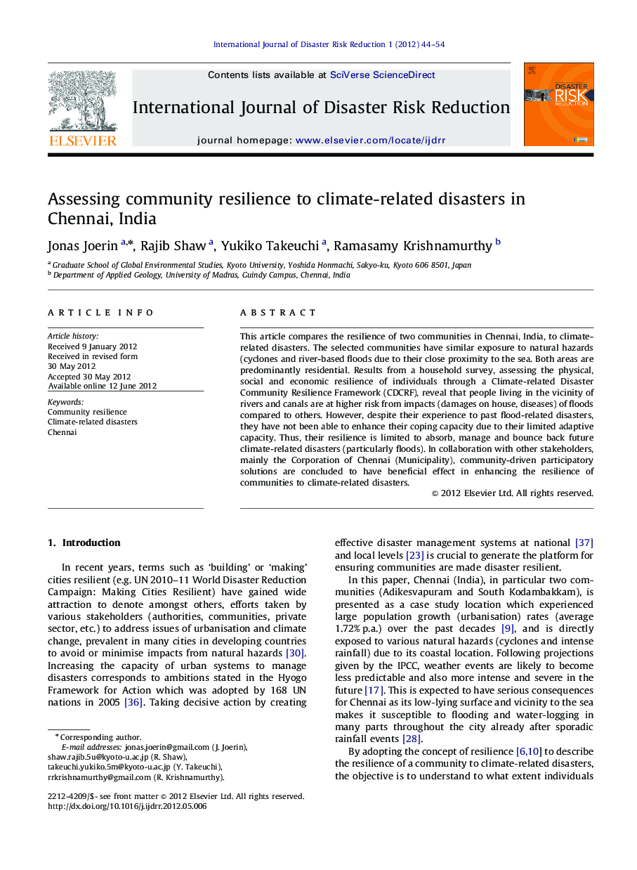 Assessing community resilience to climate-related disasters in Chennai, India