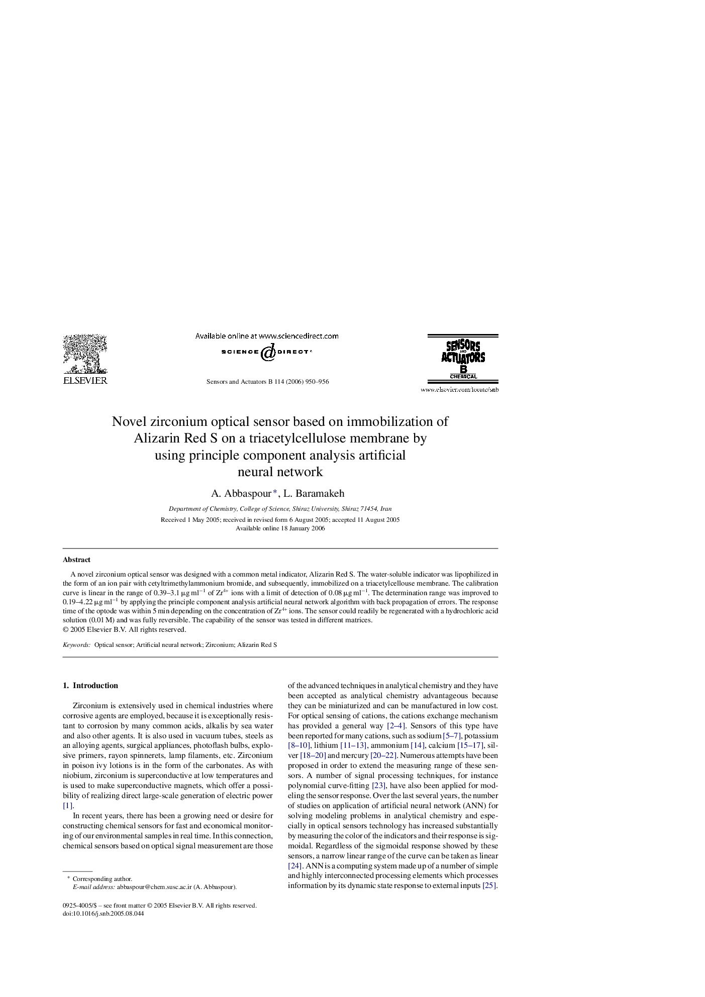 Novel zirconium optical sensor based on immobilization of Alizarin Red S on a triacetylcellulose membrane by using principle component analysis artificial neural network