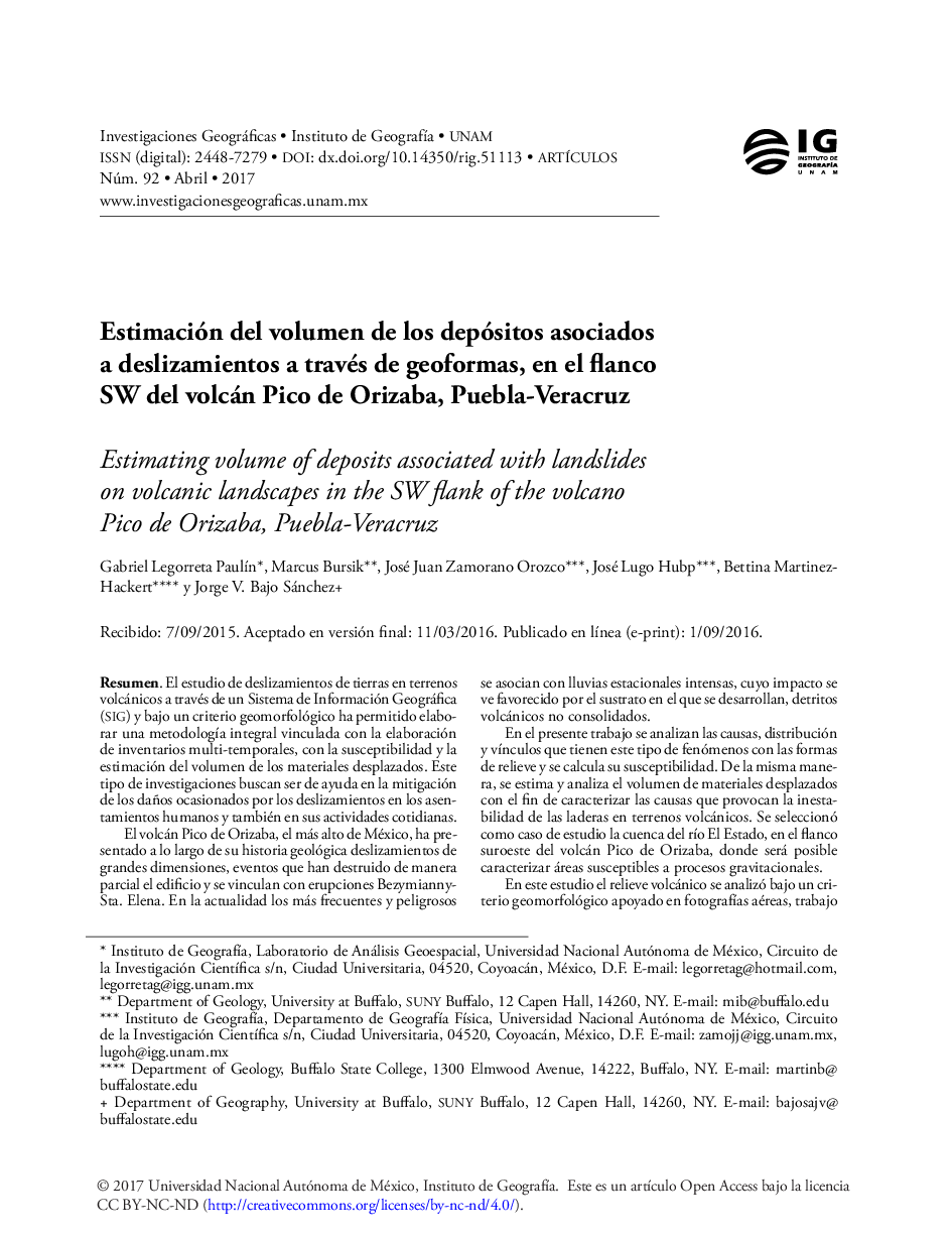 Estimación del volumen de los depósitos asociados a deslizamientos a través de geoformas, en el flanco SW del volcán Pico de Orizaba, Puebla-Veracruz