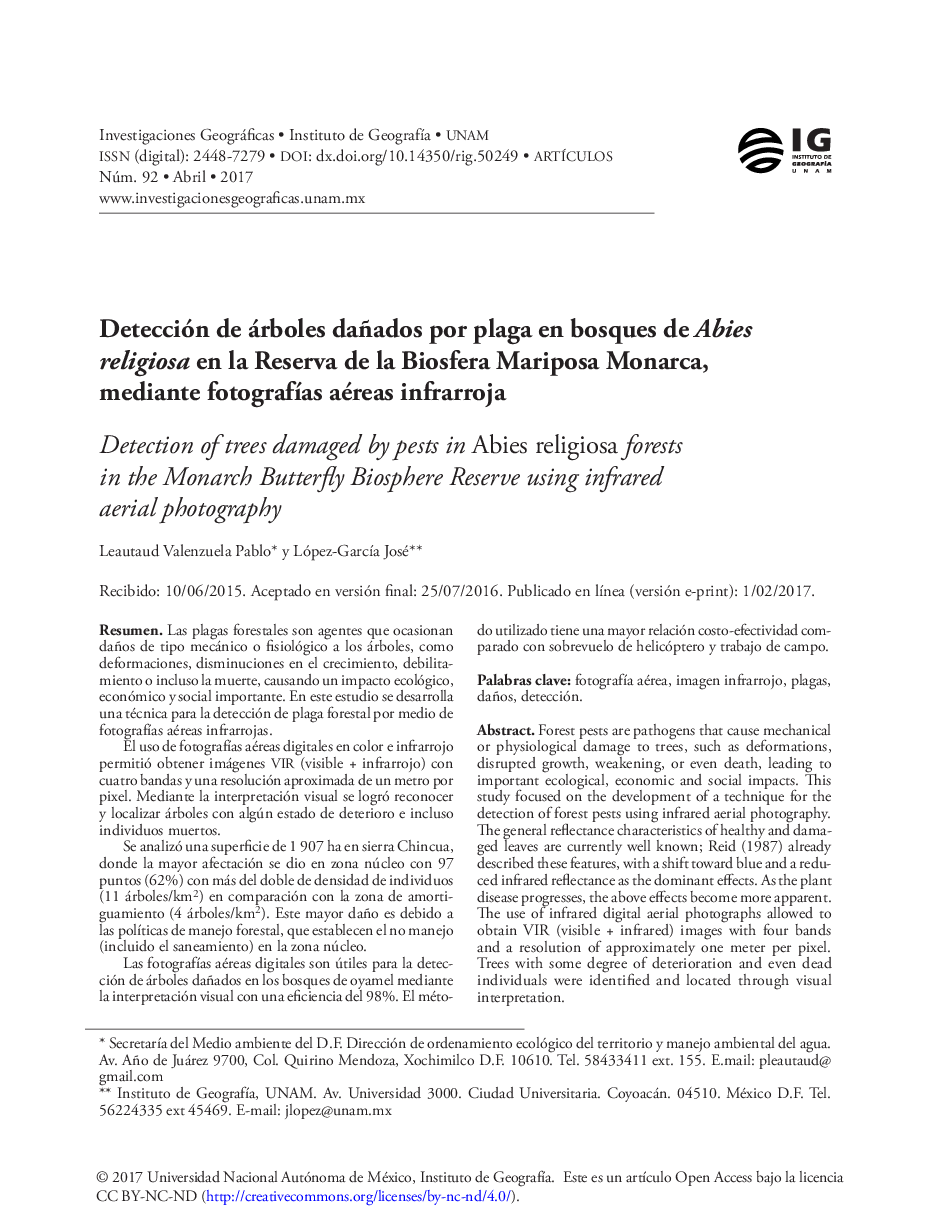 Detección de árboles dañados por plaga en bosques de Abies religiosa en la Reserva de la Biosfera Mariposa Monarca, mediante fotografÃ­as aéreas infrarroja