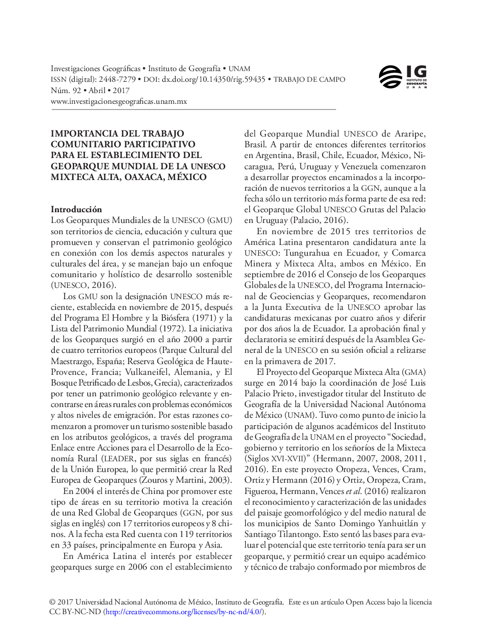 عکس صفحه اول مقاله: Importancia del trabajo comunitario participativo para el establecimiento del geoparque mundial de la unesco mixteca alta, oaxaca, méxico Importancia del trabajo comunitario participativo para el establecimiento del geoparque mundial de la unesco mixteca alta, oaxaca, méxico