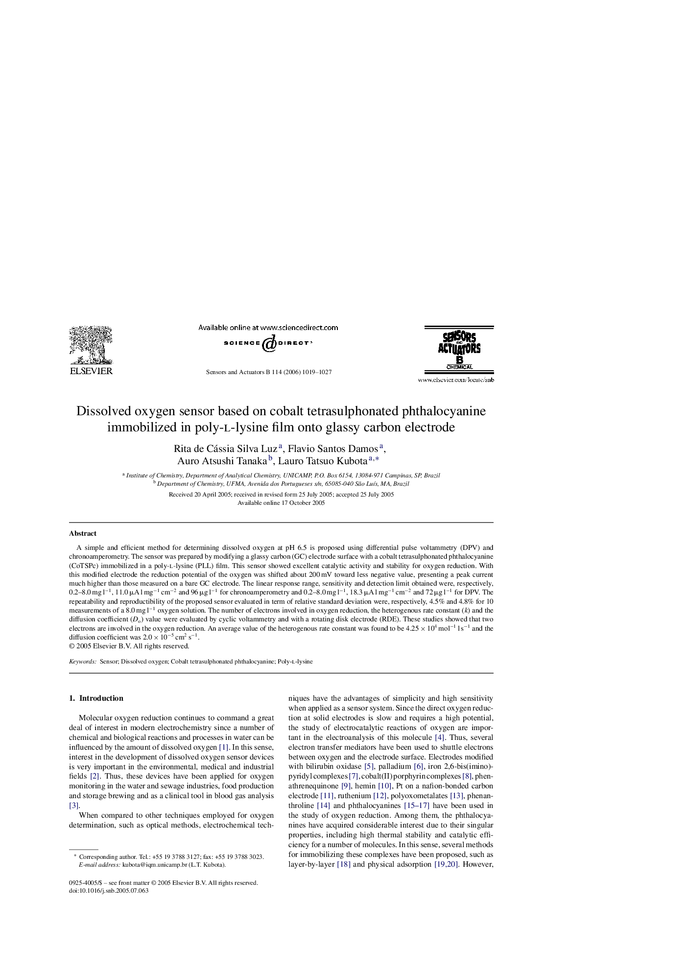 Dissolved oxygen sensor based on cobalt tetrasulphonated phthalocyanine immobilized in poly-l-lysine film onto glassy carbon electrode