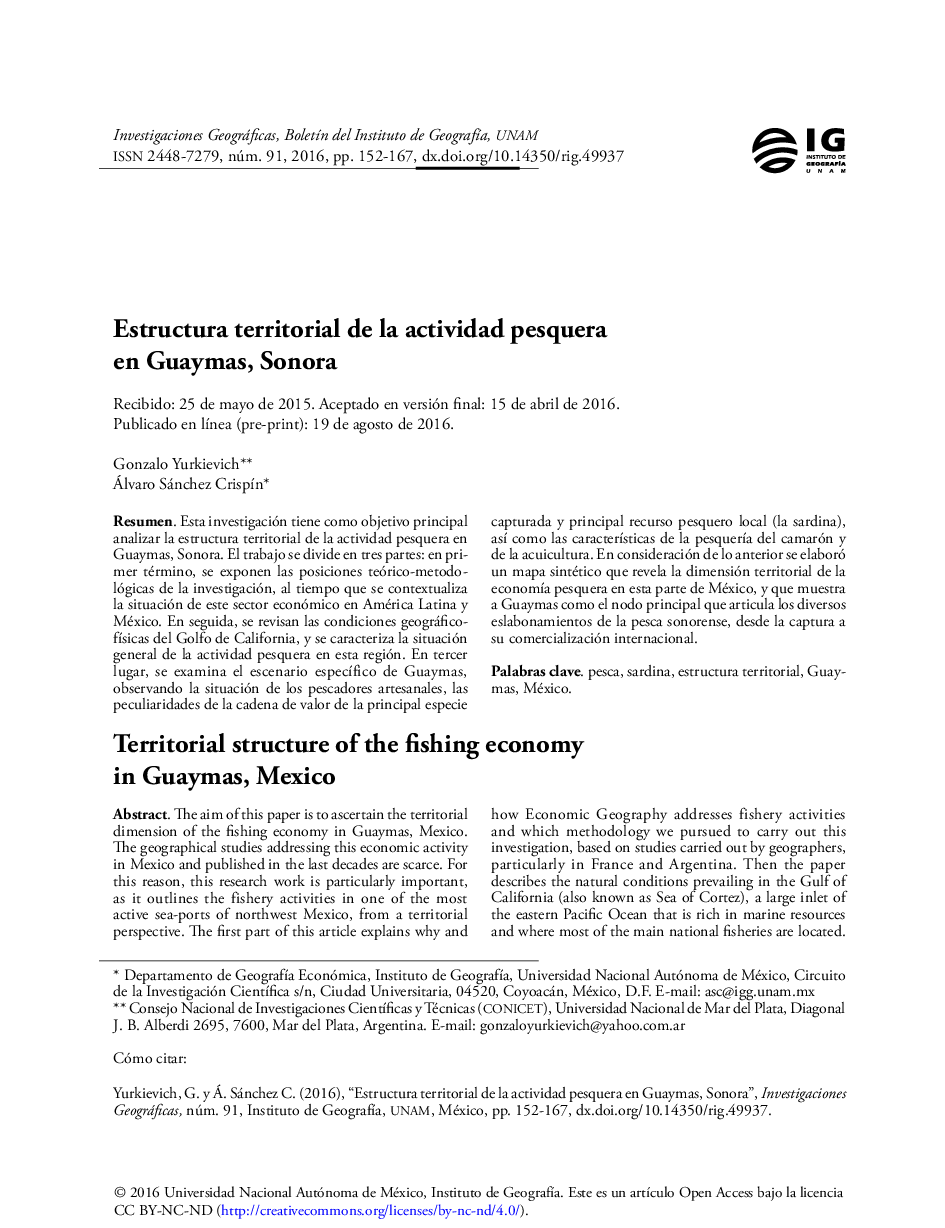 Estructura territorial de la actividad pesquera en Guaymas, Sonora