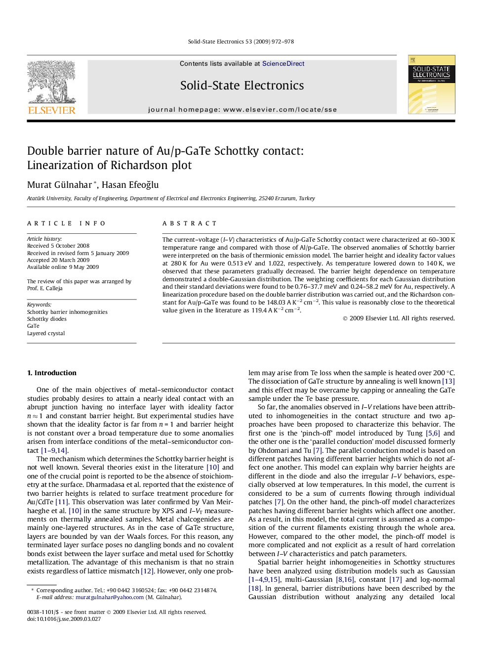 Double barrier nature of Au/p-GaTe Schottky contact: Linearization of Richardson plot