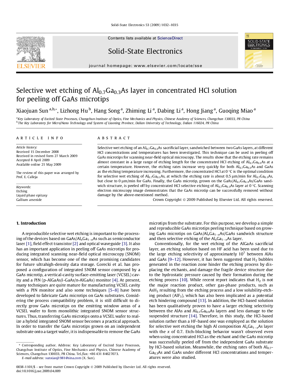 Selective wet etching of Al0.7Ga0.3As layer in concentrated HCl solution for peeling off GaAs microtips