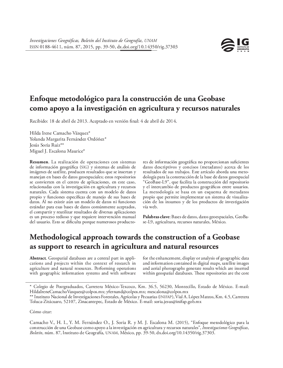 Enfoque metodológico para la construcción de una Geobase como apoyo a la investigación en agricultura y recursos naturales