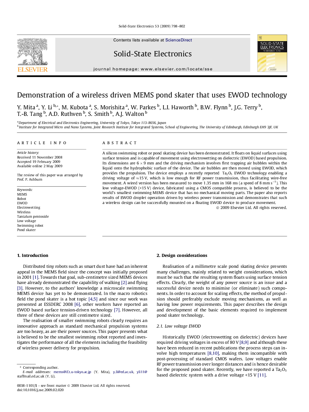 عکس صفحه اول مقاله: Demonstration of a wireless driven MEMS pond skater that uses EWOD technology Demonstration of a wireless driven MEMS pond skater that uses EWOD technology