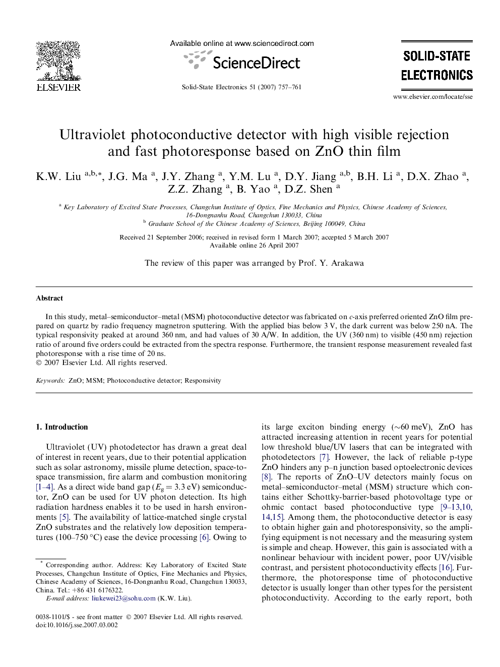 Ultraviolet photoconductive detector with high visible rejection and fast photoresponse based on ZnO thin film