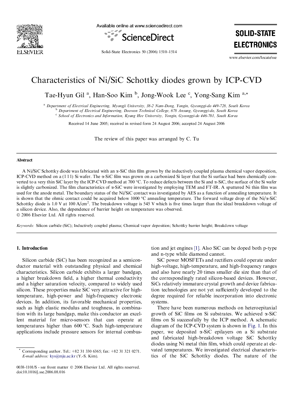 Characteristics of Ni/SiC Schottky diodes grown by ICP-CVD