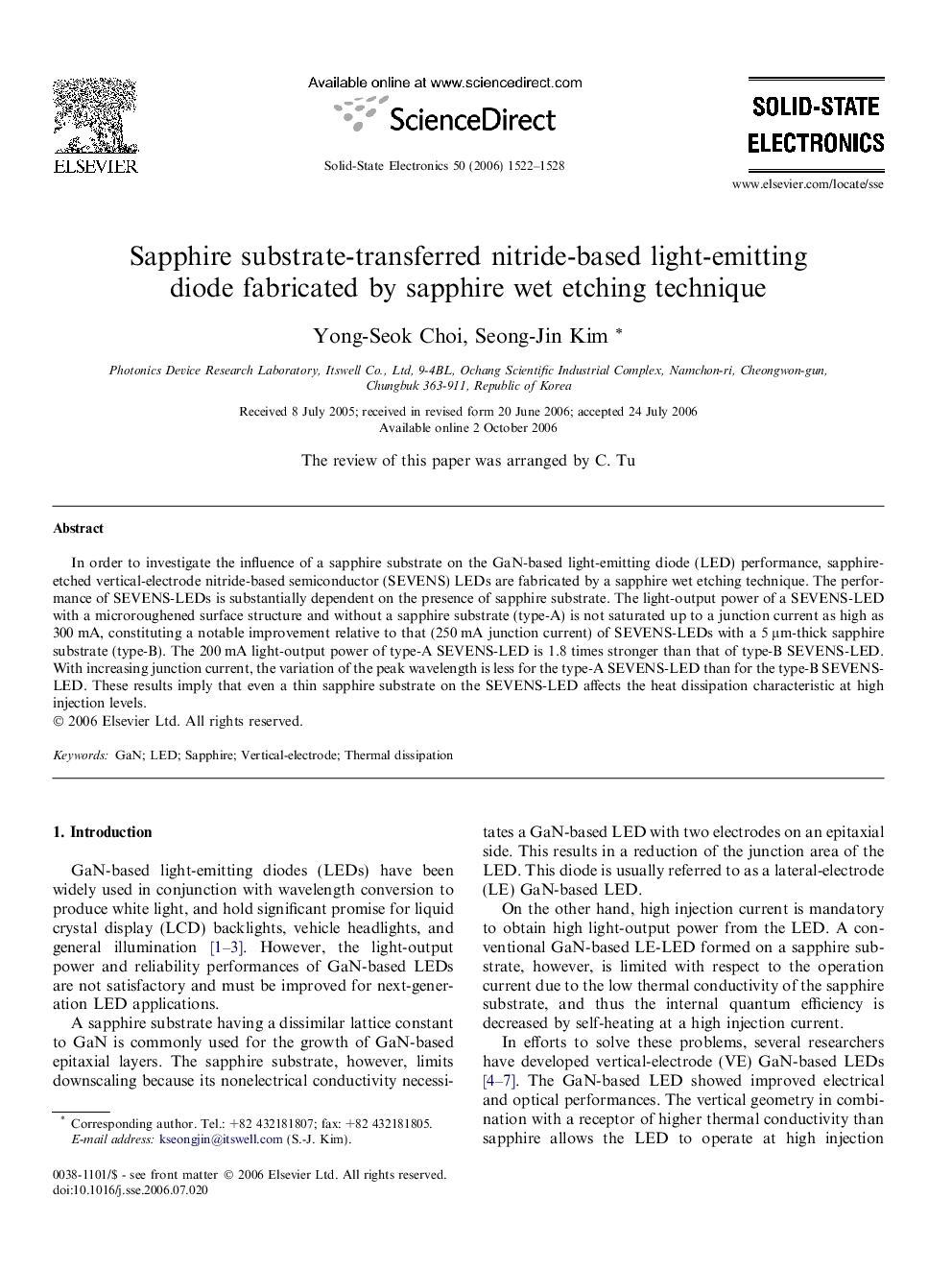 Sapphire substrate-transferred nitride-based light-emitting diode fabricated by sapphire wet etching technique