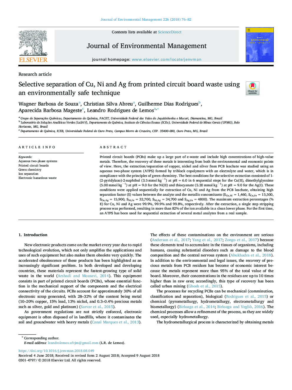 Selective separation of Cu, Ni and Ag from printed circuit board waste using an environmentally safe technique