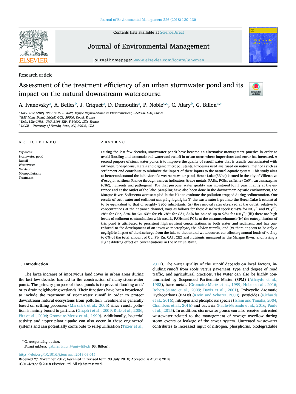 Assessment of the treatment efficiency of an urban stormwater pond and its impact on the natural downstream watercourse