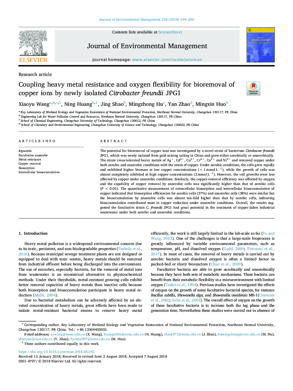 Coupling heavy metal resistance and oxygen flexibility for bioremoval of copper ions by newly isolated Citrobacter freundii JPG1