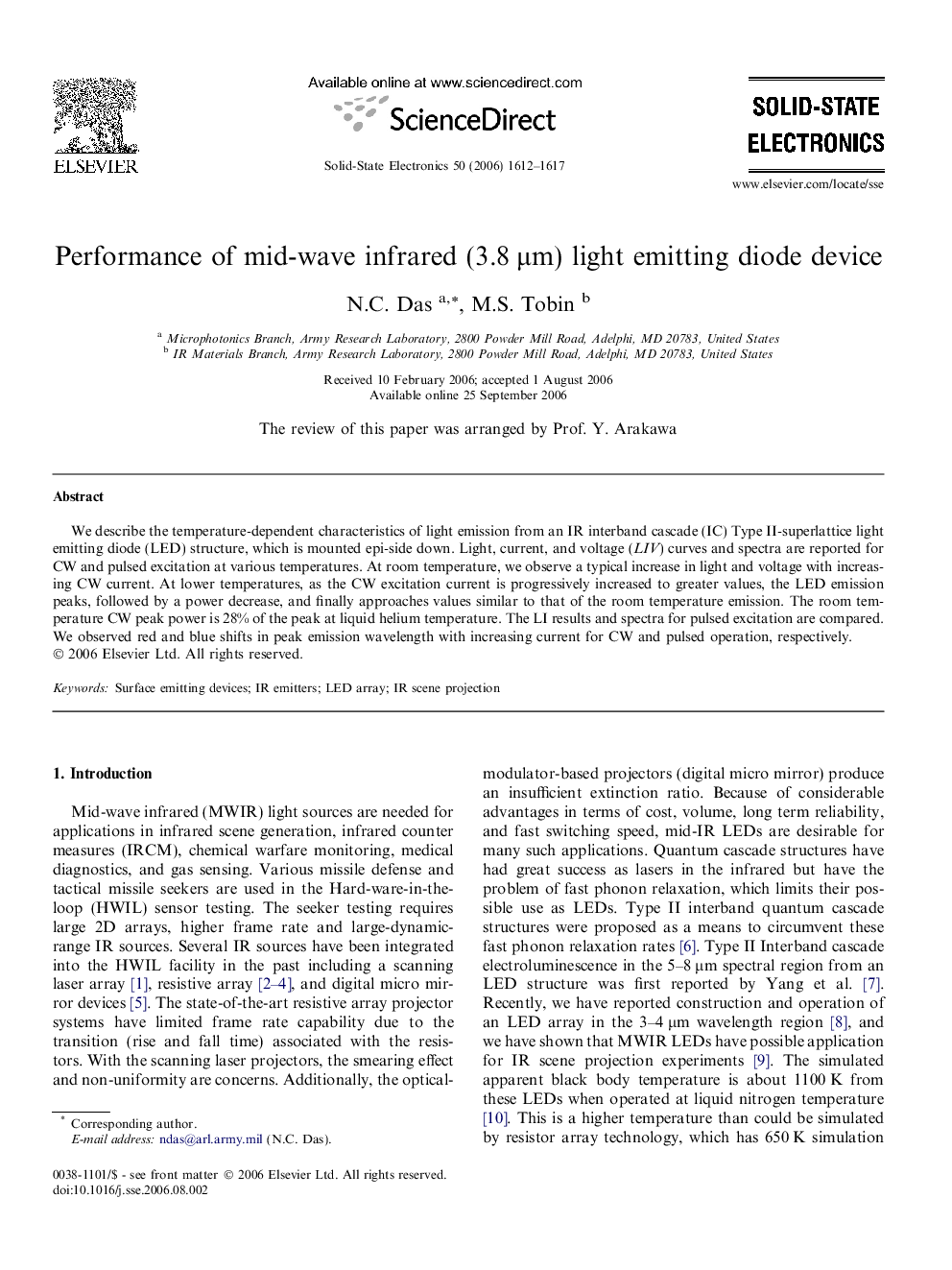 Performance of mid-wave infrared (3.8 μm) light emitting diode device