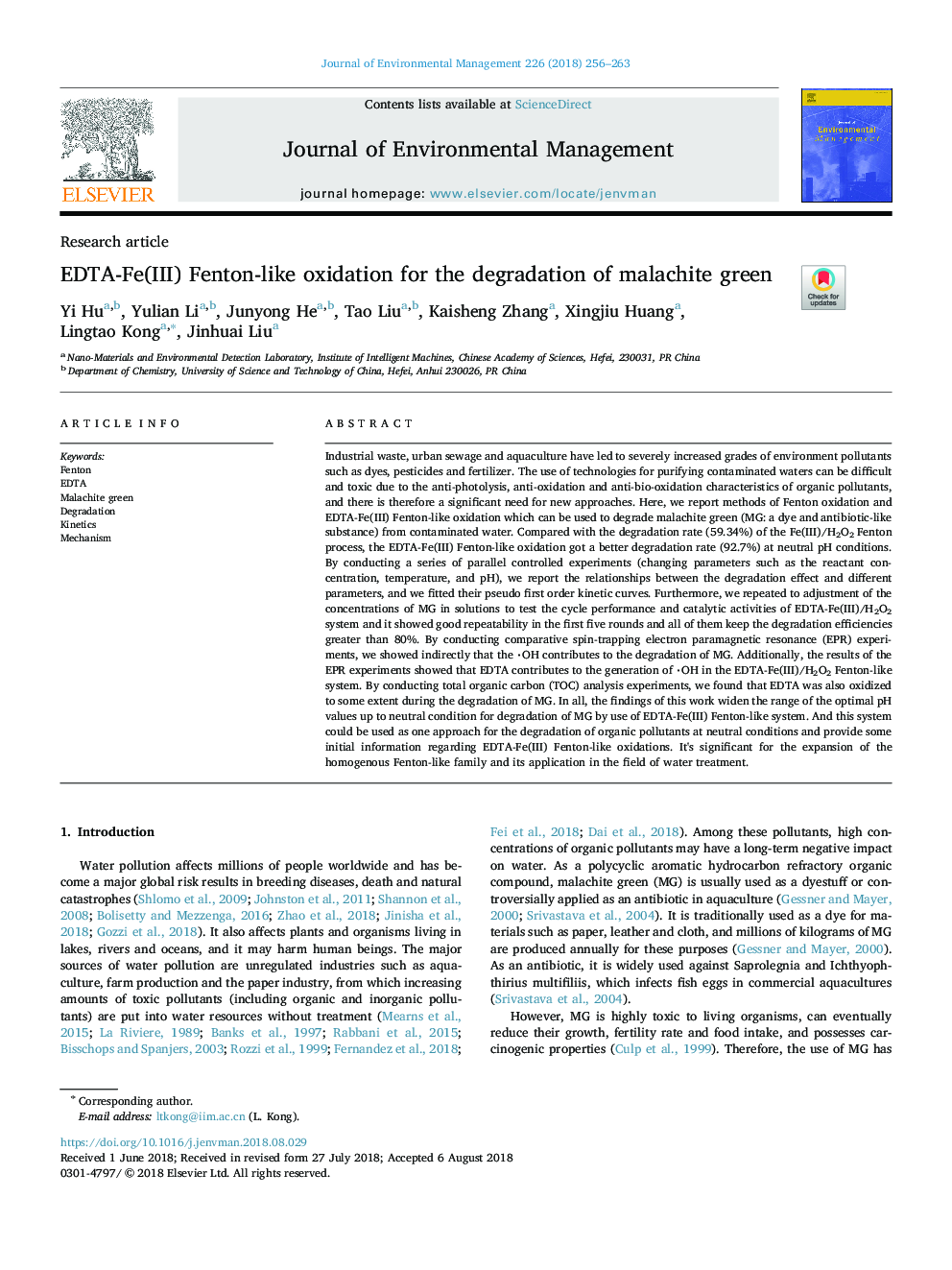 EDTA-Fe(III) Fenton-like oxidation for the degradation of malachite green