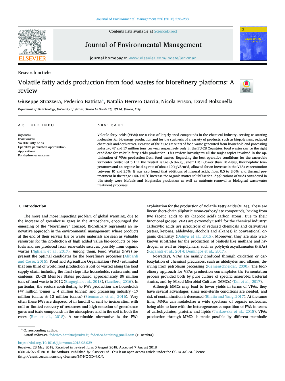 Volatile fatty acids production from food wastes for biorefinery platforms: A review