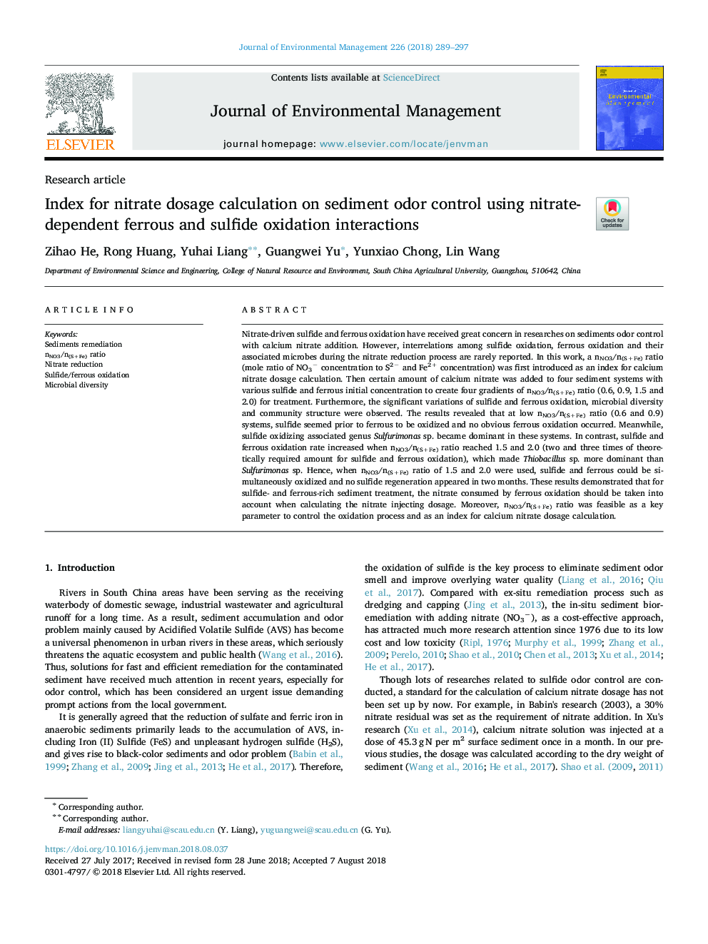 Index for nitrate dosage calculation on sediment odor control using nitrate-dependent ferrous and sulfide oxidation interactions