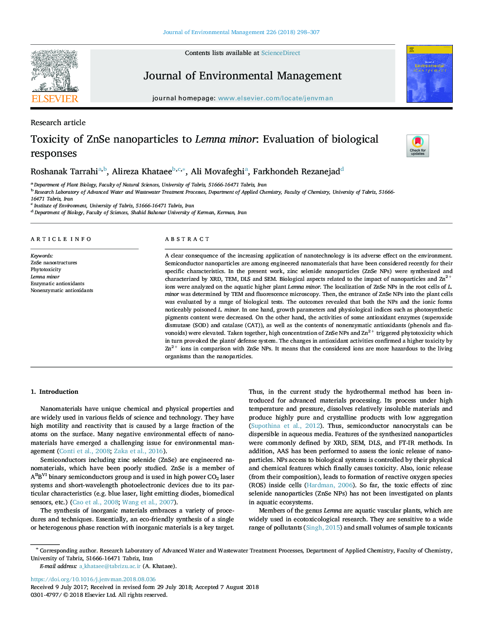 Toxicity of ZnSe nanoparticles to Lemna minor: Evaluation of biological responses