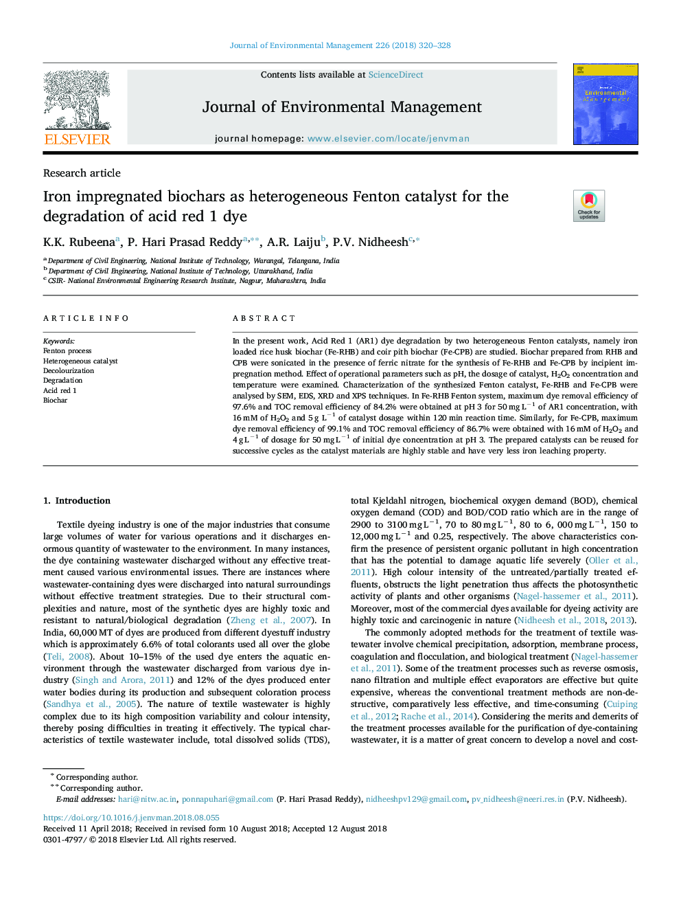 Iron impregnated biochars as heterogeneous Fenton catalyst for the degradation of acid red 1 dye