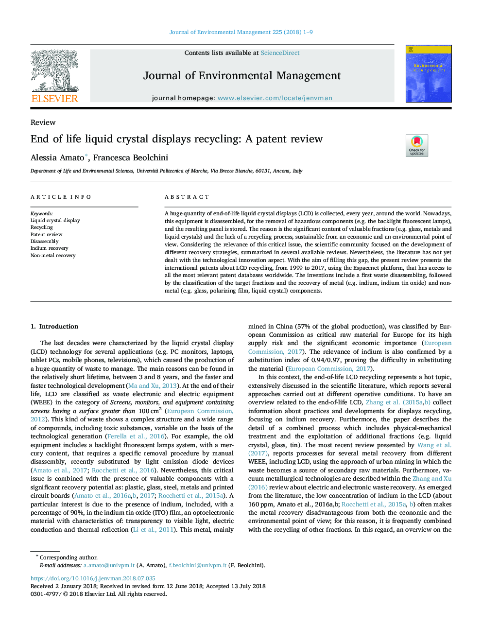 End of life liquid crystal displays recycling: A patent review