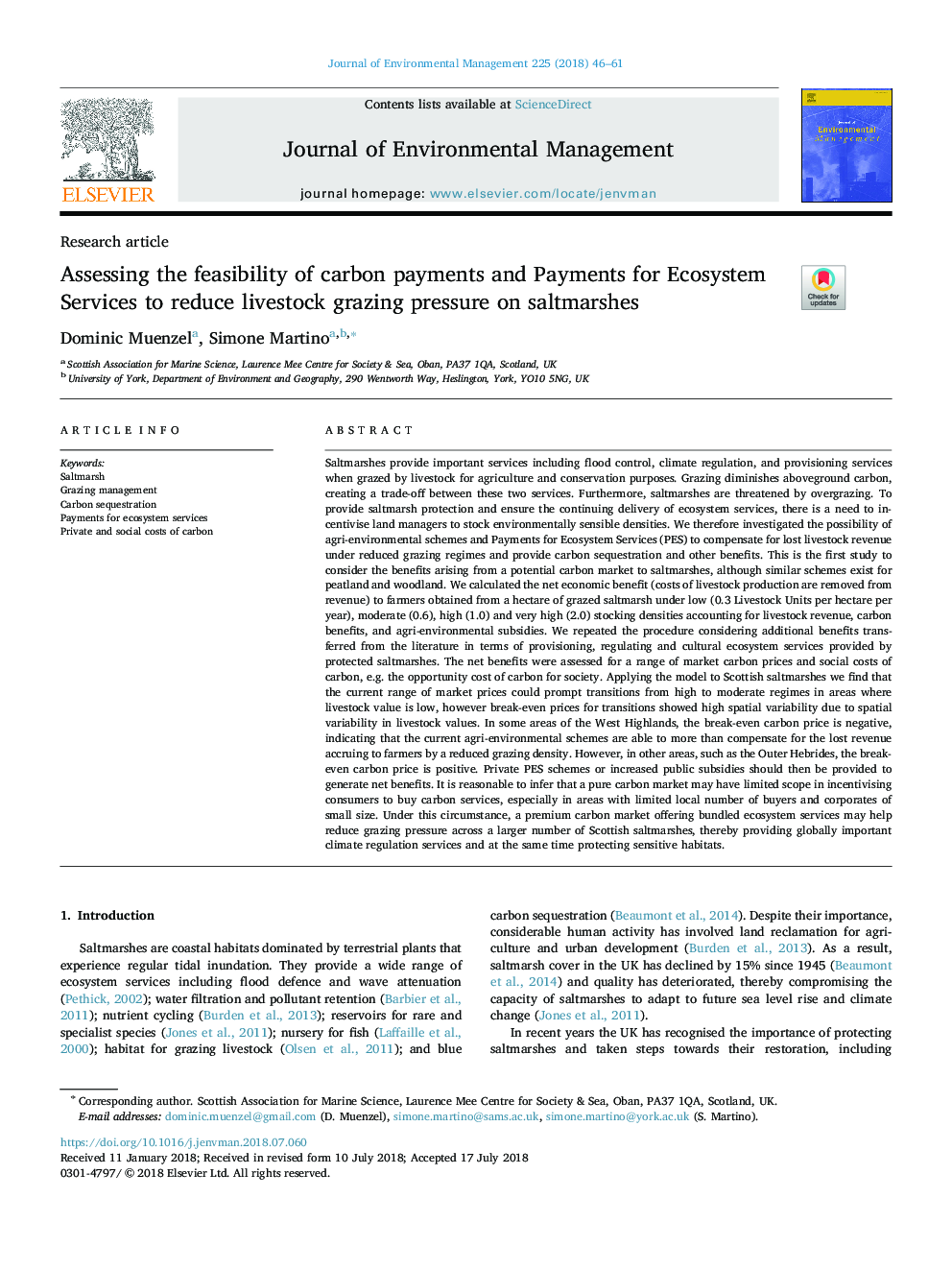 Assessing the feasibility of carbon payments and Payments for Ecosystem Services to reduce livestock grazing pressure on saltmarshes