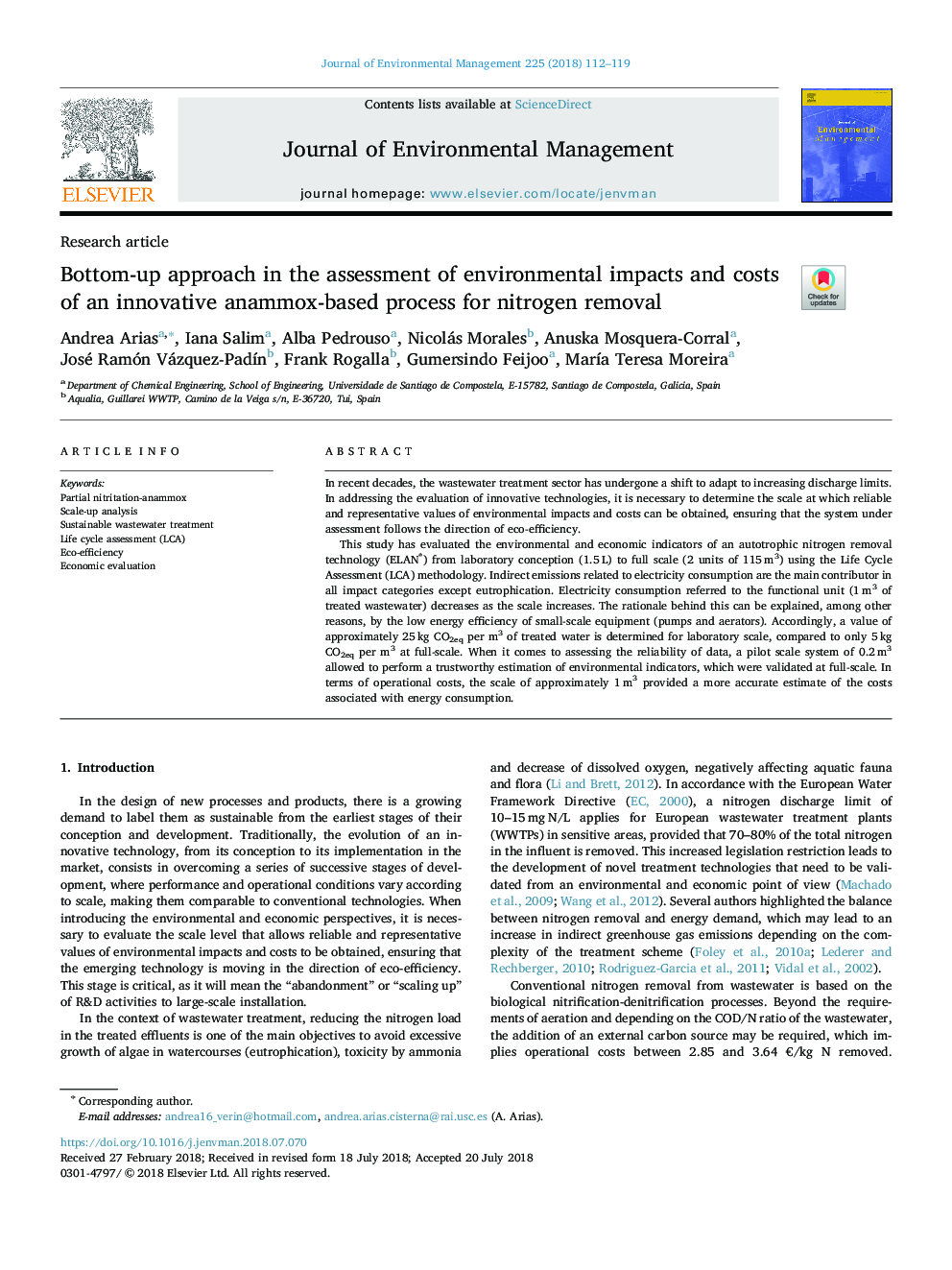 Bottom-up approach in the assessment of environmental impacts and costs of an innovative anammox-based process for nitrogen removal