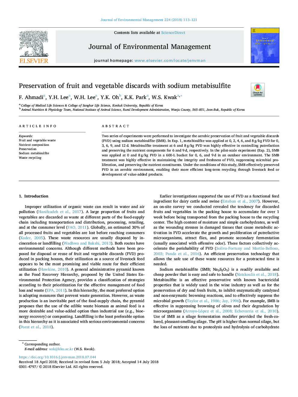 Preservation of fruit and vegetable discards with sodium metabisulfite