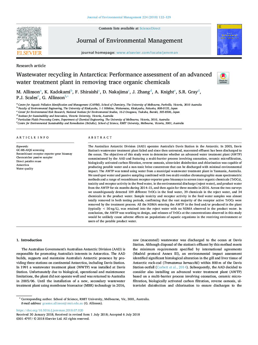 Wastewater recycling in Antarctica: Performance assessment of an advanced water treatment plant in removing trace organic chemicals