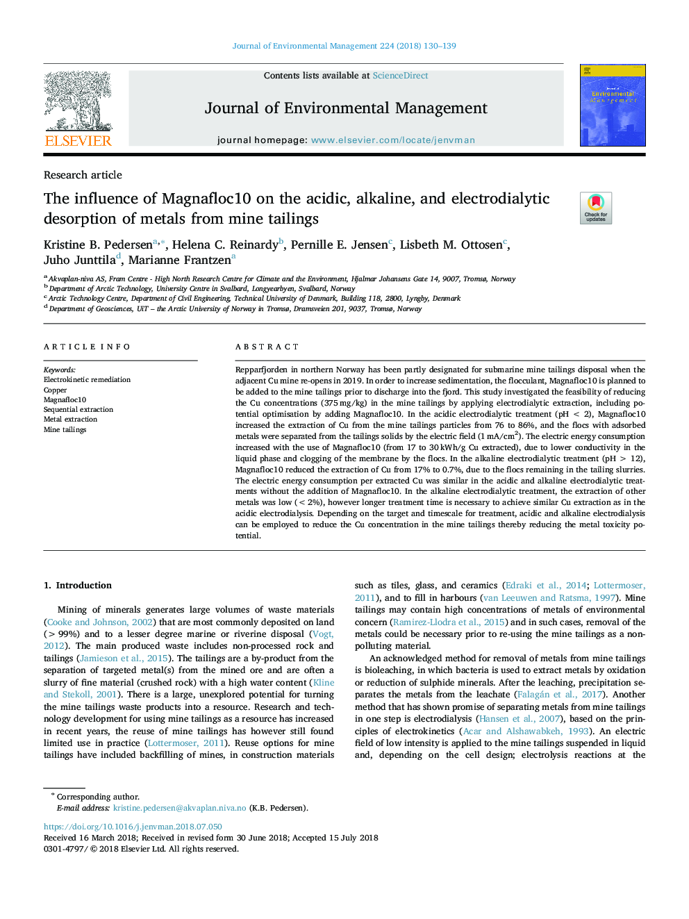 The influence of Magnafloc10 on the acidic, alkaline, and electrodialytic desorption of metals from mine tailings