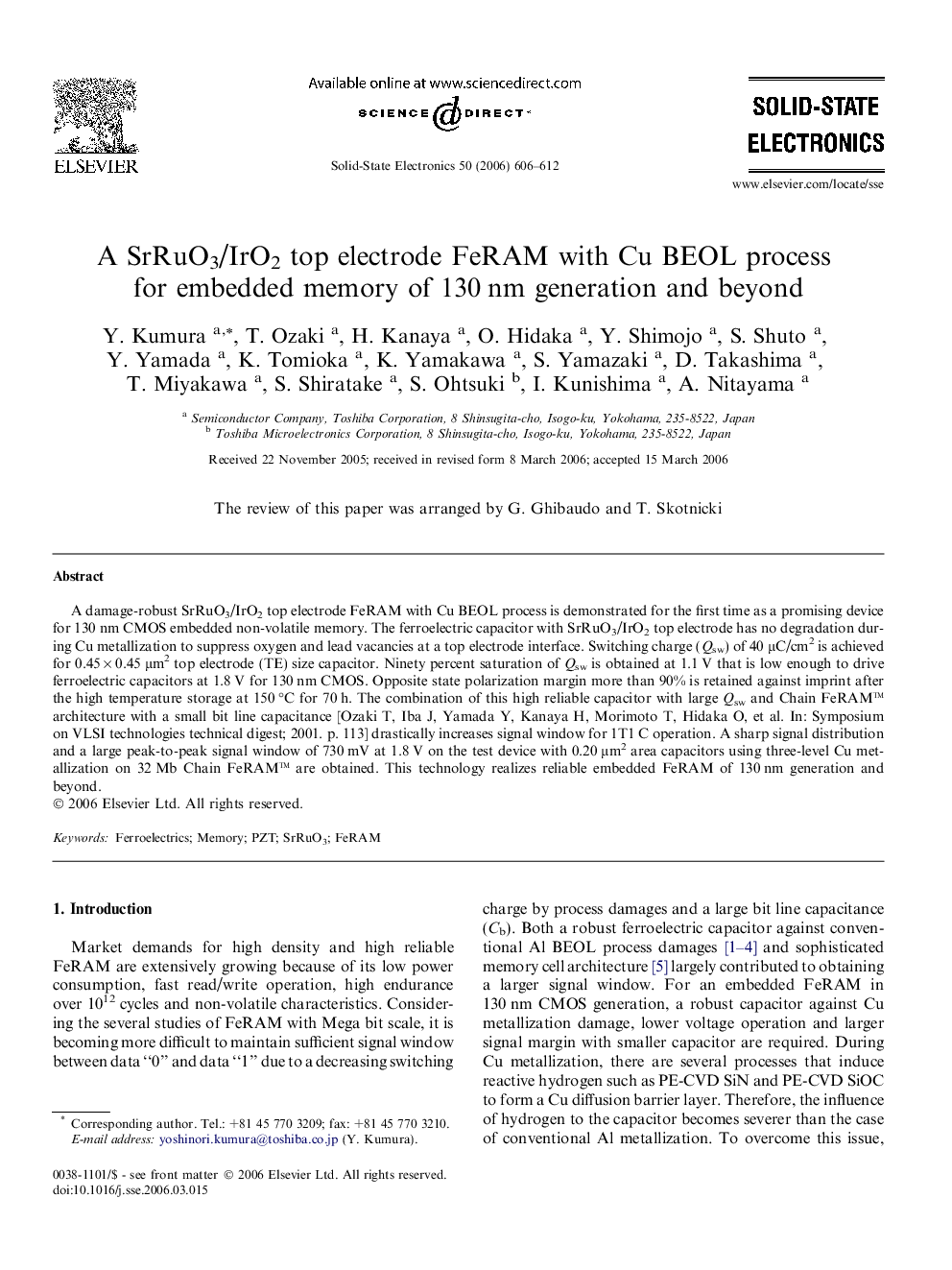 A SrRuO3/IrO2 top electrode FeRAM with Cu BEOL process for embedded memory of 130 nm generation and beyond