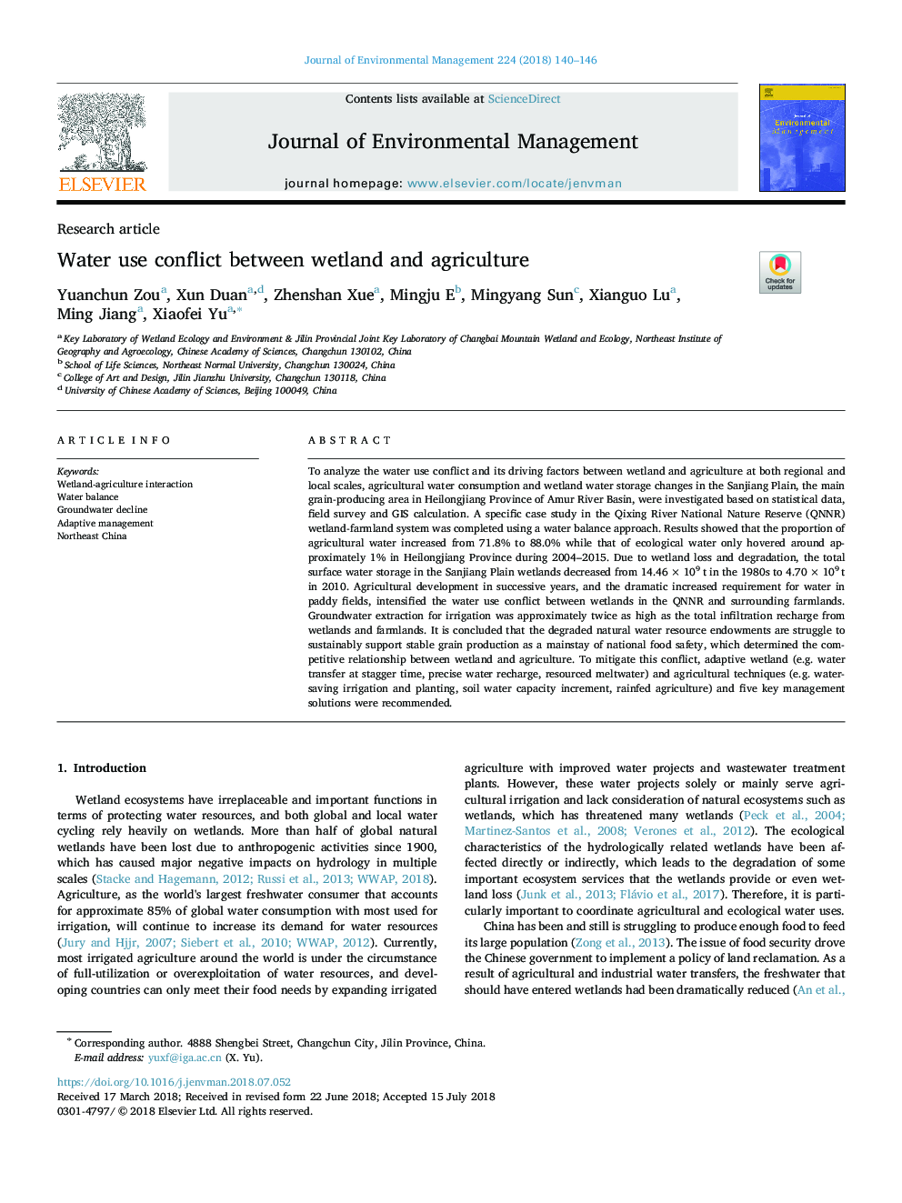 Water use conflict between wetland and agriculture