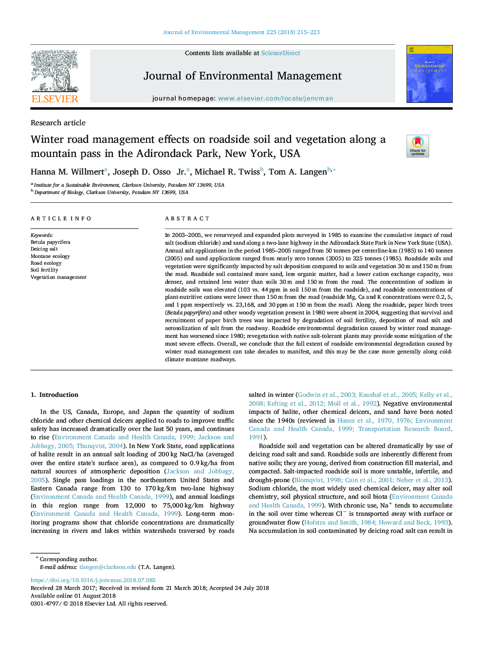 Winter road management effects on roadside soil and vegetation along a mountain pass in the Adirondack Park, New York, USA