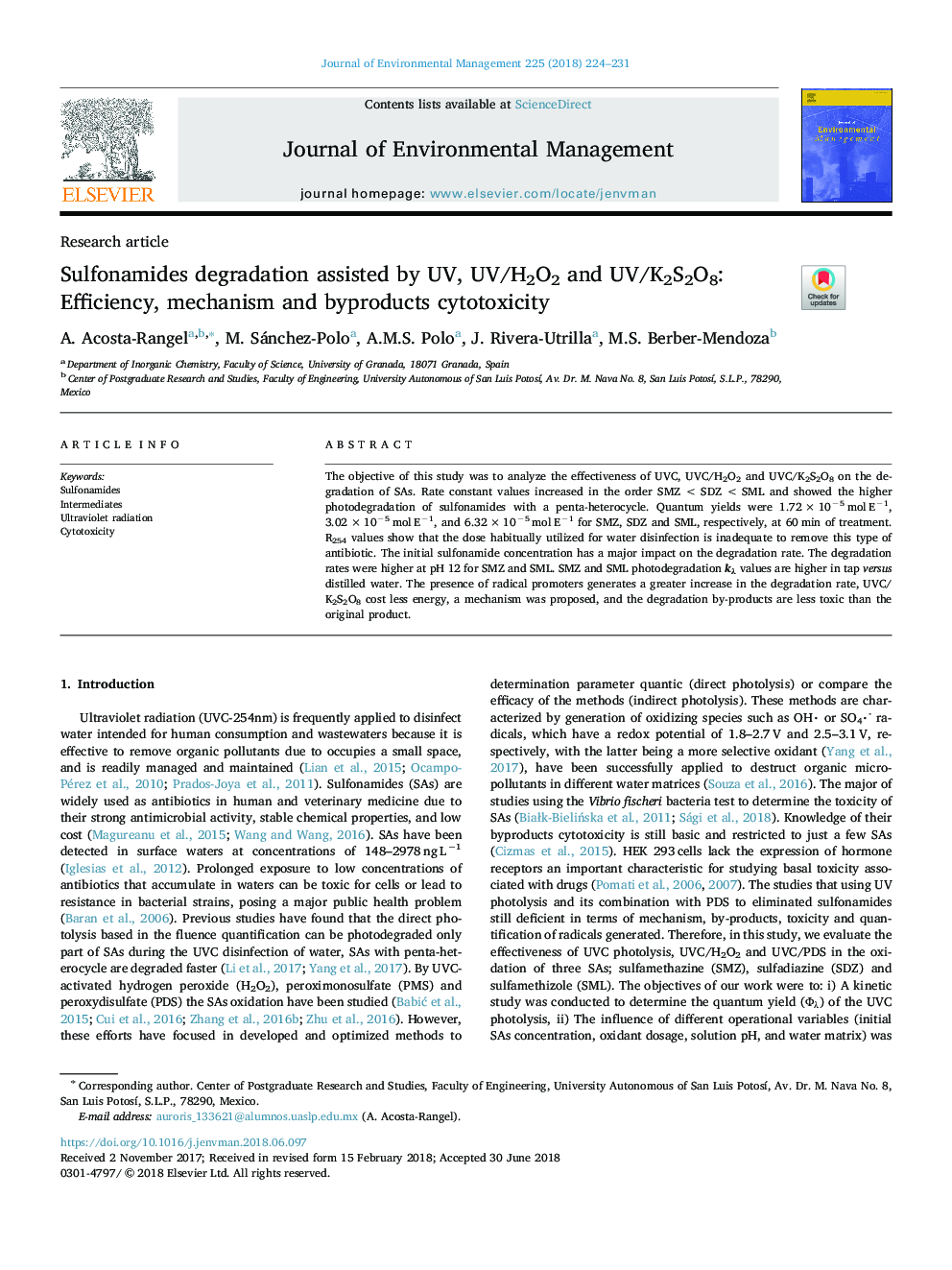 Sulfonamides degradation assisted by UV, UV/H2O2 and UV/K2S2O8: Efficiency, mechanism and byproducts cytotoxicity