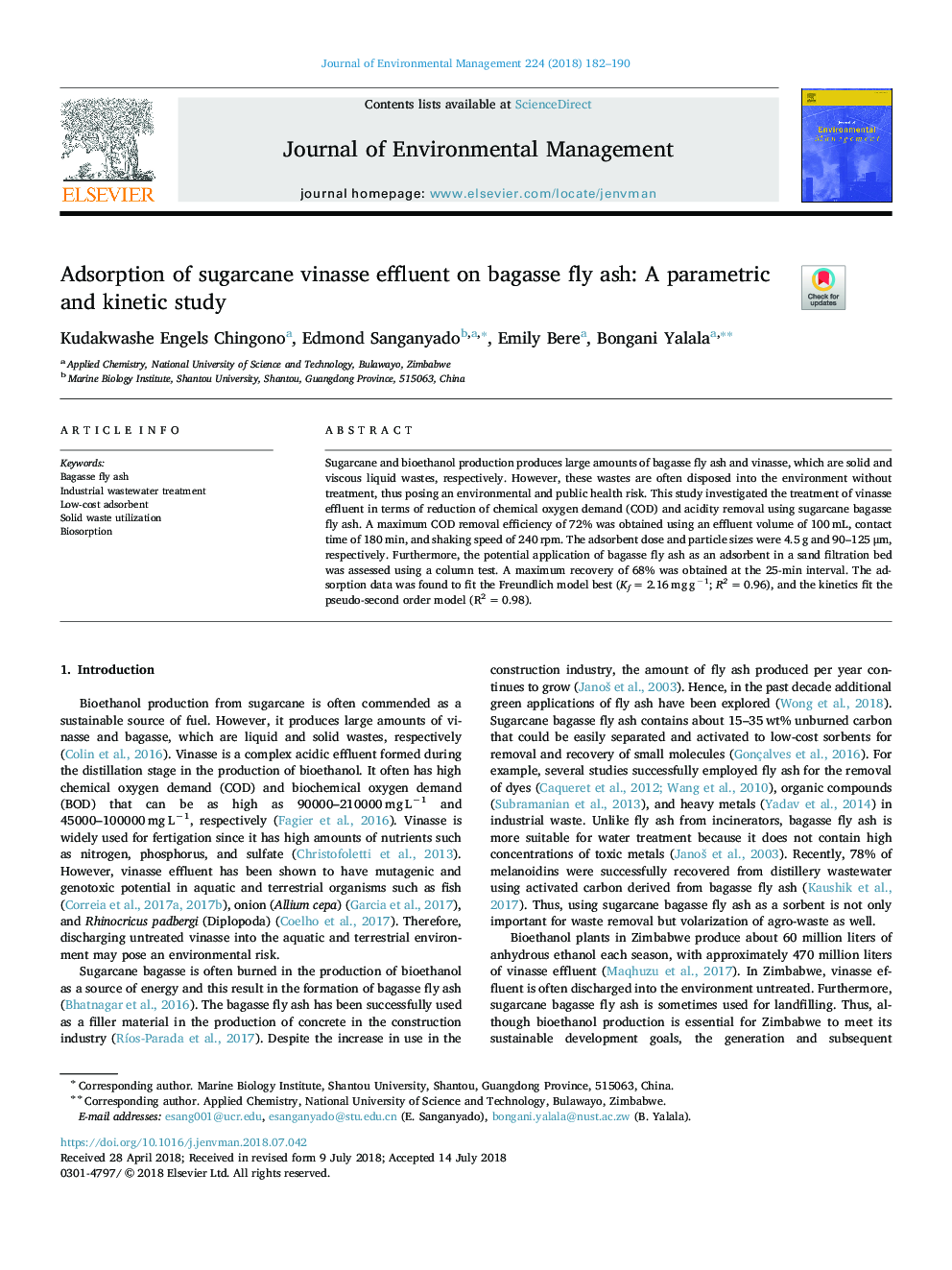 Adsorption of sugarcane vinasse effluent on bagasse fly ash: A parametric and kinetic study