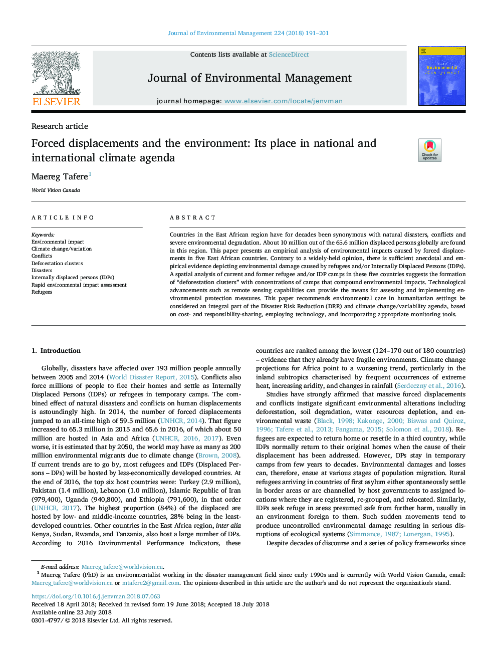 Forced displacements and the environment: Its place in national and international climate agenda