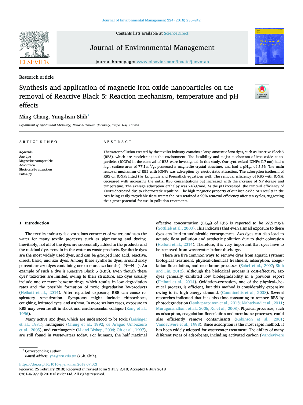 Synthesis and application of magnetic iron oxide nanoparticles on the removal of Reactive Black 5: Reaction mechanism, temperature and pH effects