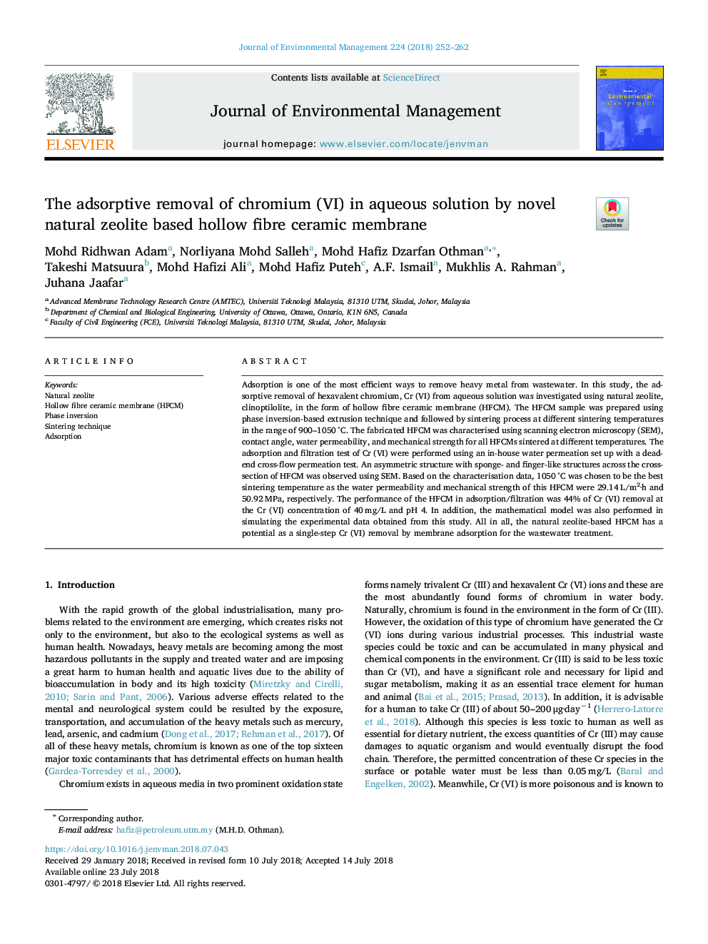 The adsorptive removal of chromium (VI) in aqueous solution by novel natural zeolite based hollow fibre ceramic membrane