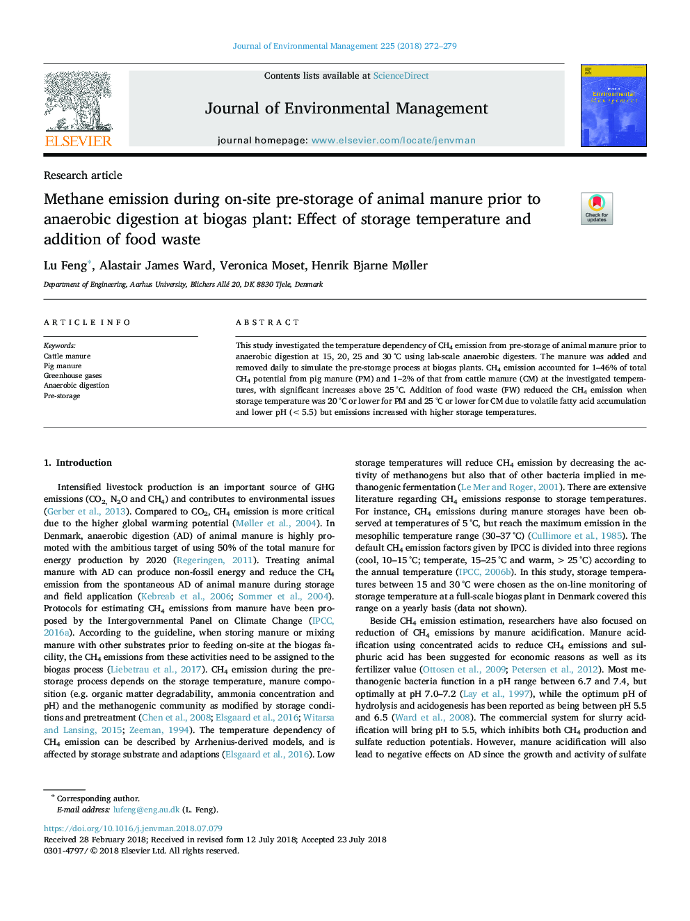 Methane emission during on-site pre-storage of animal manure prior to anaerobic digestion at biogas plant: Effect of storage temperature and addition of food waste