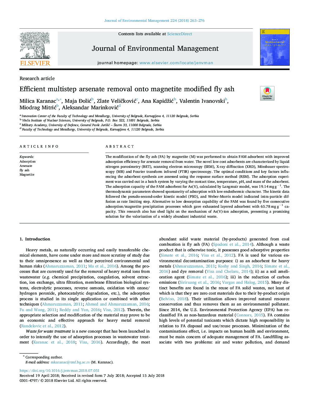 Efficient multistep arsenate removal onto magnetite modified fly ash