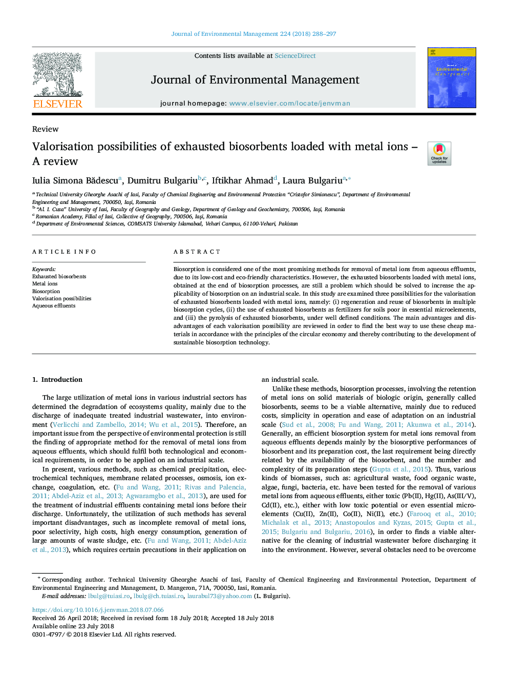 Valorisation possibilities of exhausted biosorbents loaded with metal ions - A review