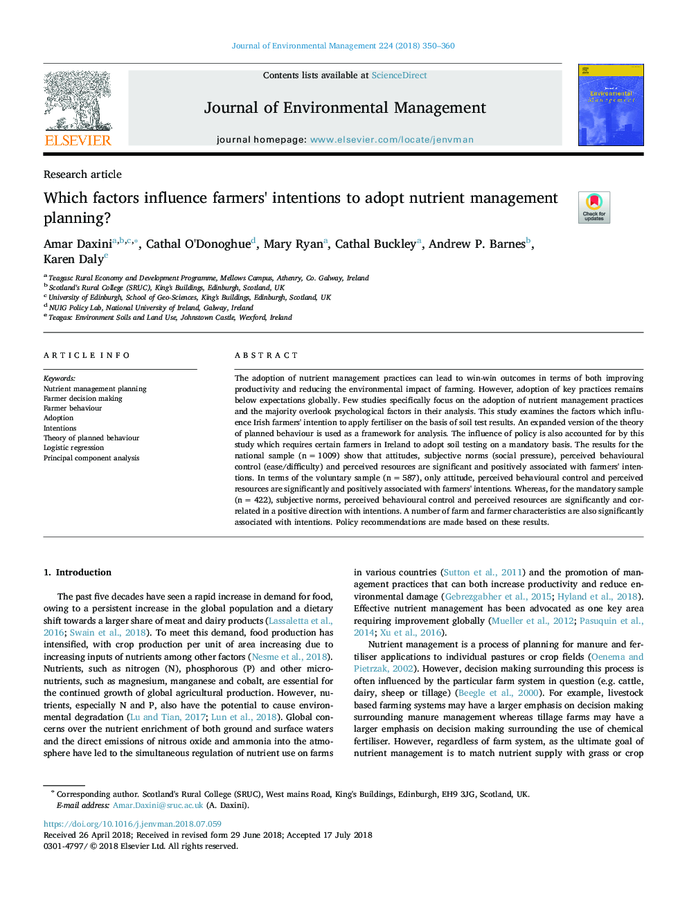 Which factors influence farmers' intentions to adopt nutrient management planning?