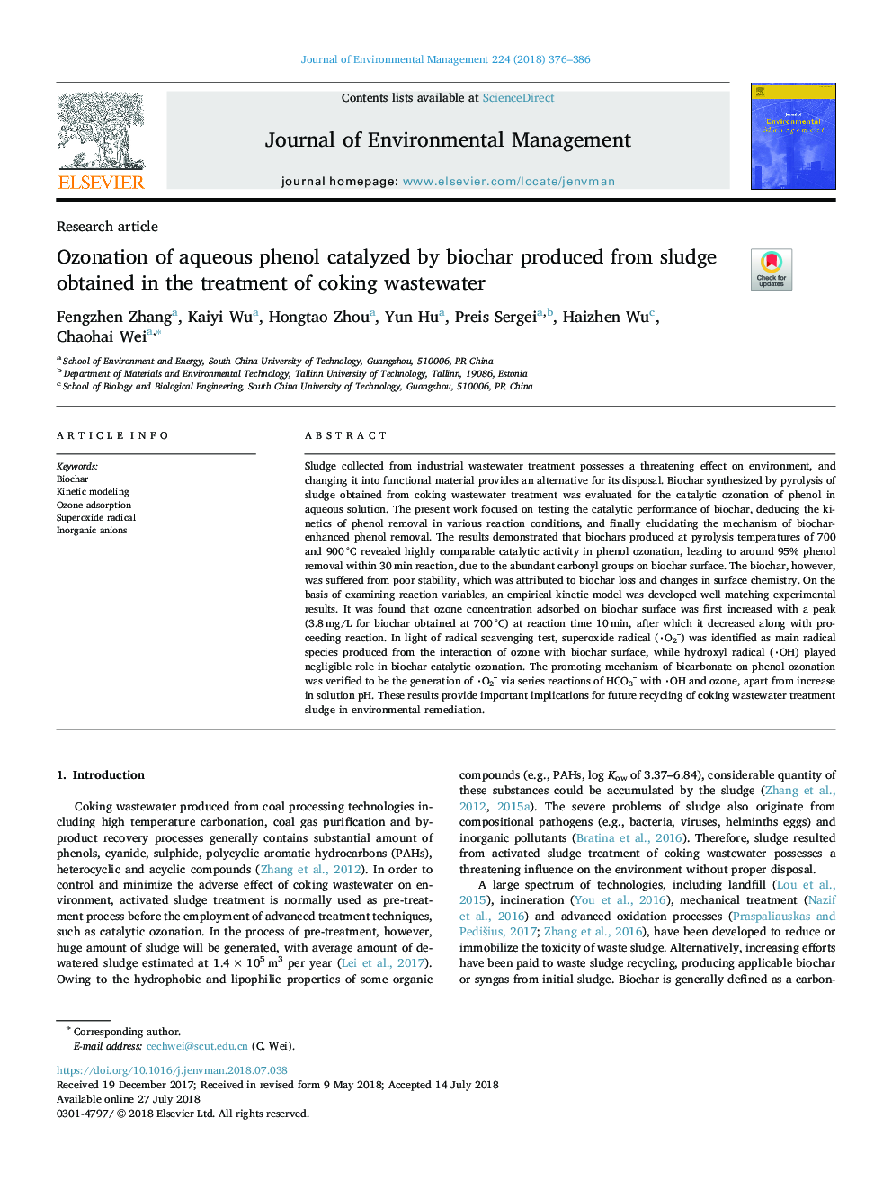 Ozonation of aqueous phenol catalyzed by biochar produced from sludge obtained in the treatment of coking wastewater