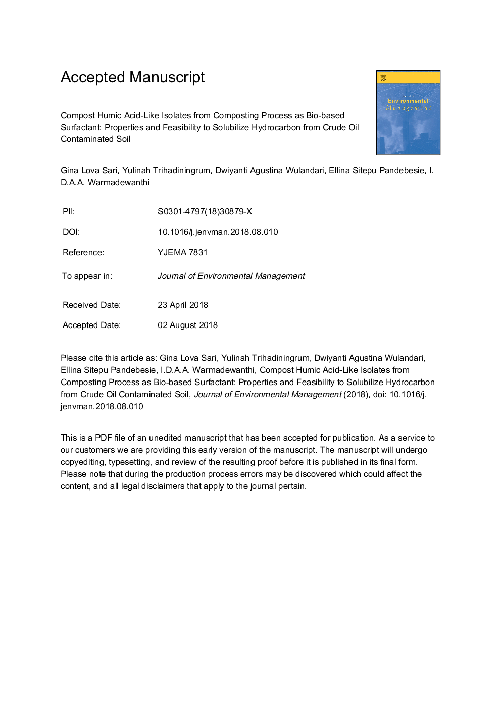 Compost humic acid-like isolates from composting process as bio-based surfactant: Properties and feasibility to solubilize hydrocarbon from crude oil contaminated soil