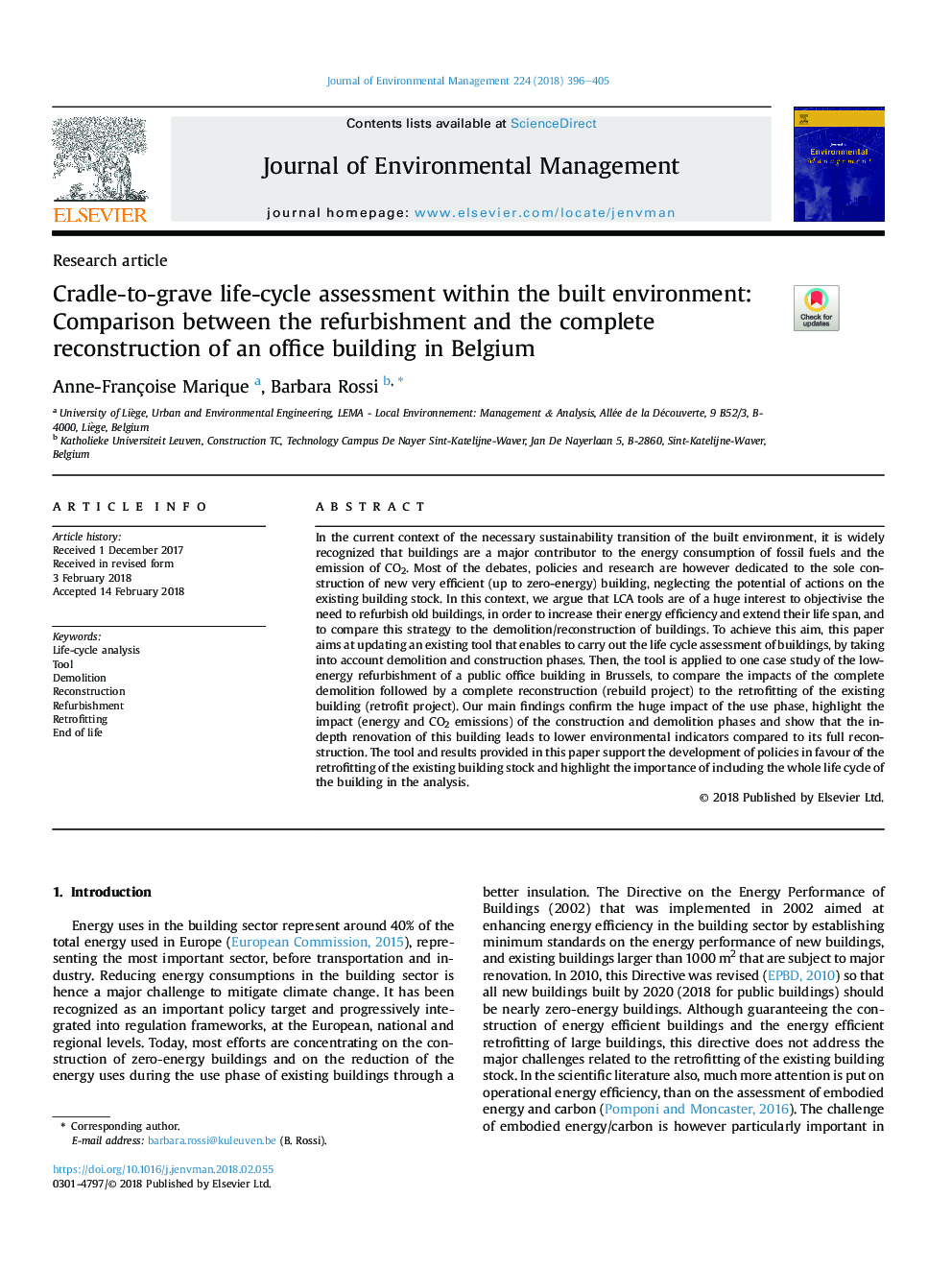 Cradle-to-grave life-cycle assessment within the built environment: Comparison between the refurbishment and the complete reconstruction of an office building in Belgium