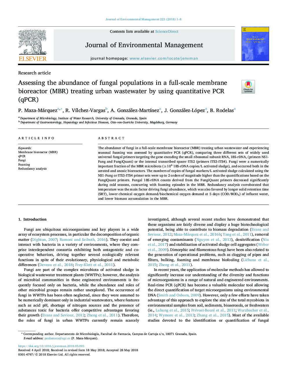 Assessing the abundance of fungal populations in a full-scale membrane bioreactor (MBR) treating urban wastewater by using quantitative PCR (qPCR)