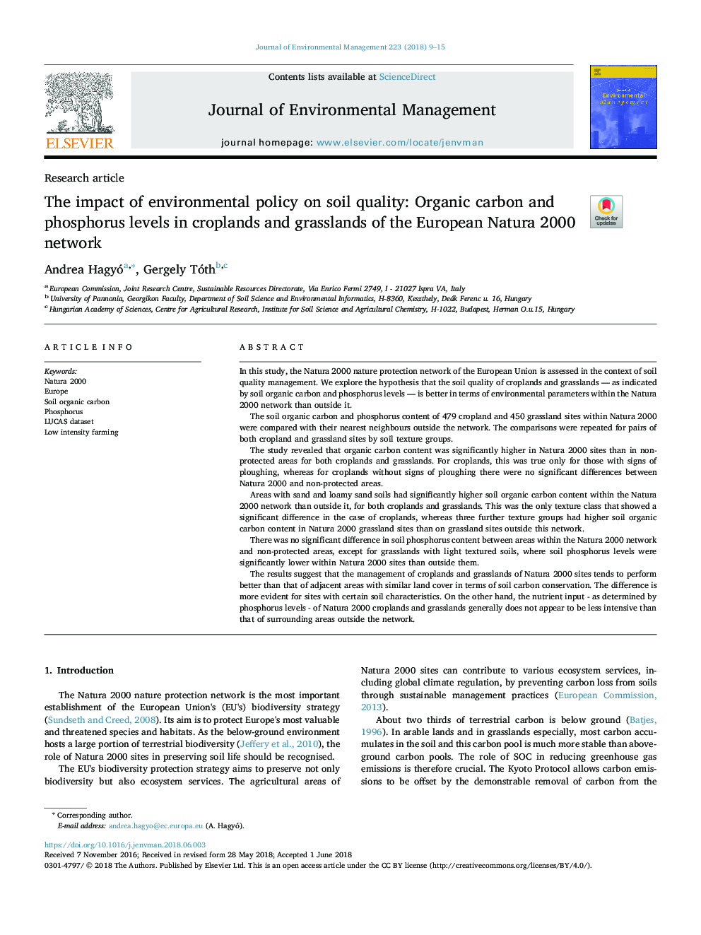 The impact of environmental policy on soil quality: Organic carbon and phosphorus levels in croplands and grasslands of the European Natura 2000 network